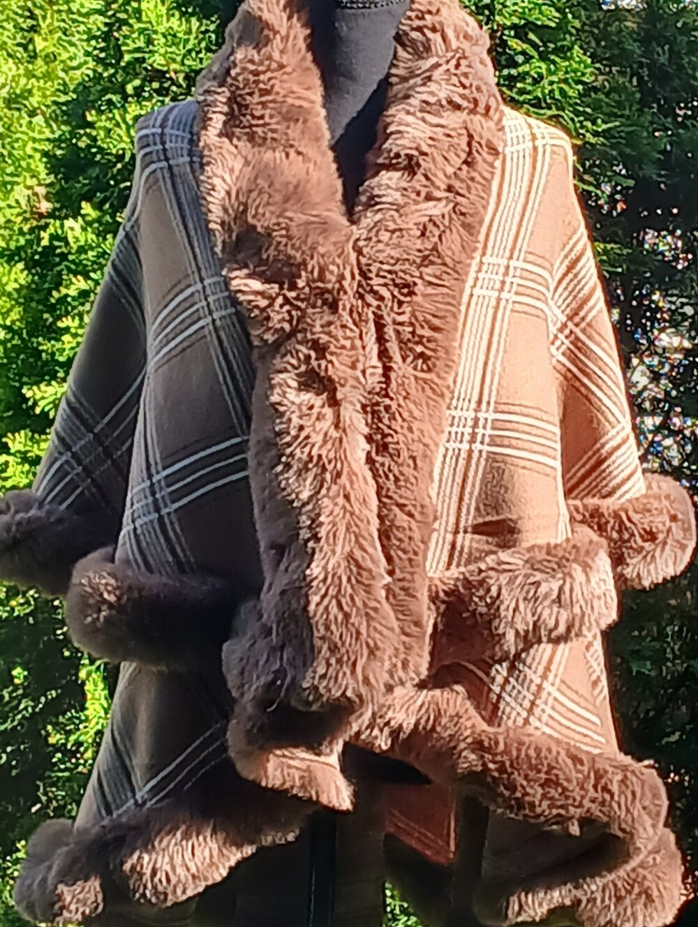 Magnificent Mocha Plaid Wrap Jacket With Faux Fur Accents - Picture 3 of 16